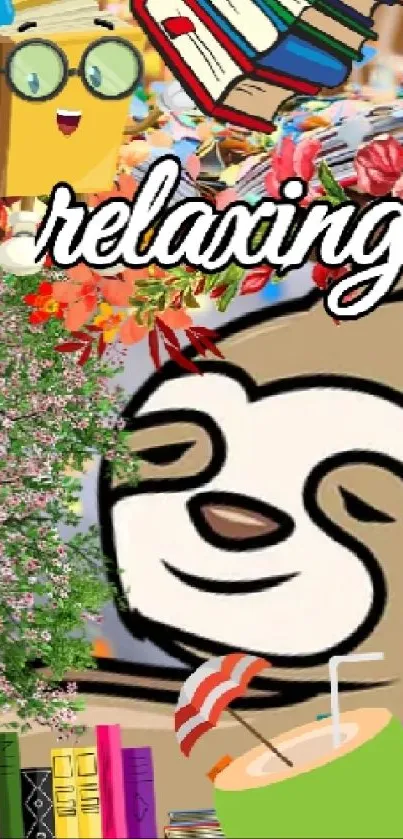 Cartoon sloth enjoying books and flowers with 'relaxing' text.