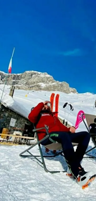 Snowy mountain scene with blue sky and relaxing skiers.