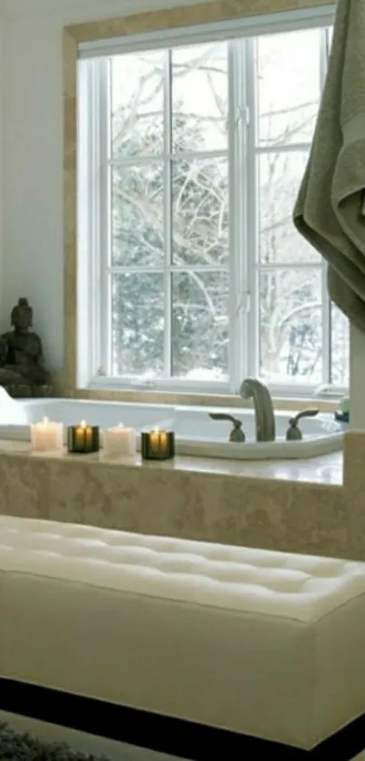 Serene spa bathroom with candles and a plush bench.