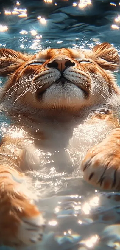 Tiger floating in peaceful blue water, surrounded by sparkles.