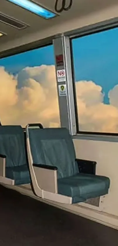 Train interior with blue skies and clouds through the window, creating a serene backdrop.