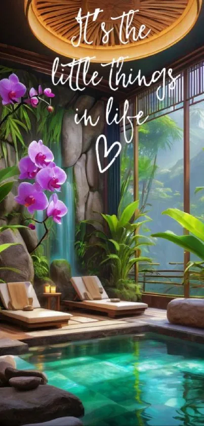 Tropical paradise wallpaper with pool and orchids, inspiring tranquil vibes.