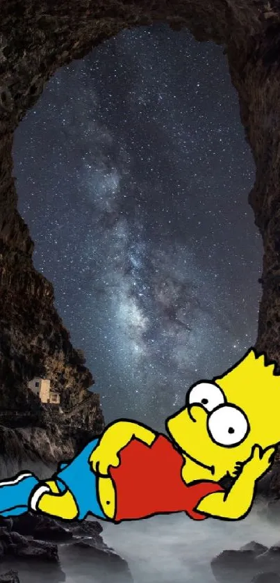 Cartoon character under a starry night sky in a cave setting.