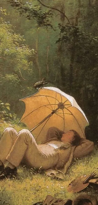 Vintage art of a man resting under an umbrella in a forest.