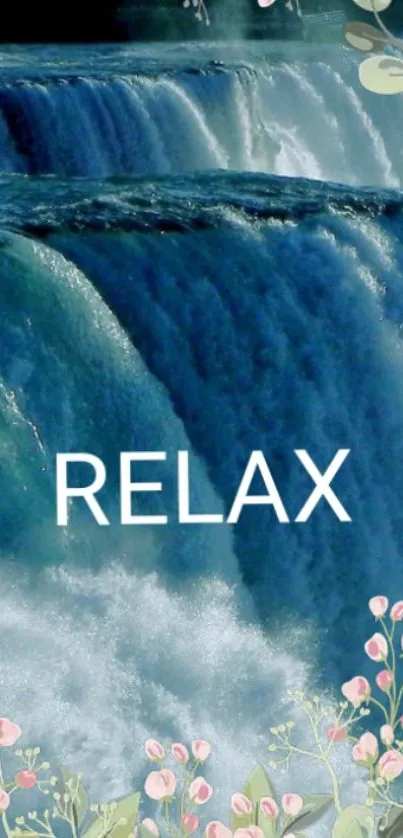 Relaxing waterfall wallpaper with blue waters and floral accents.