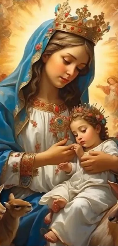 Divine mother and child in celestial artwork with vibrant colors and crowns.