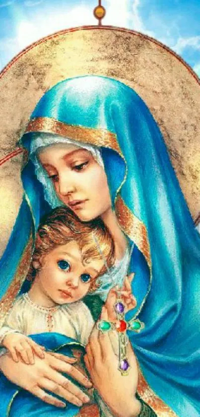 Virgin Mary and child in blue robes with golden accents on a mobile wallpaper.