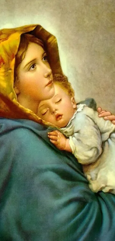 Religious artwork depicting maternal love with warm tones, perfect for inspiration.