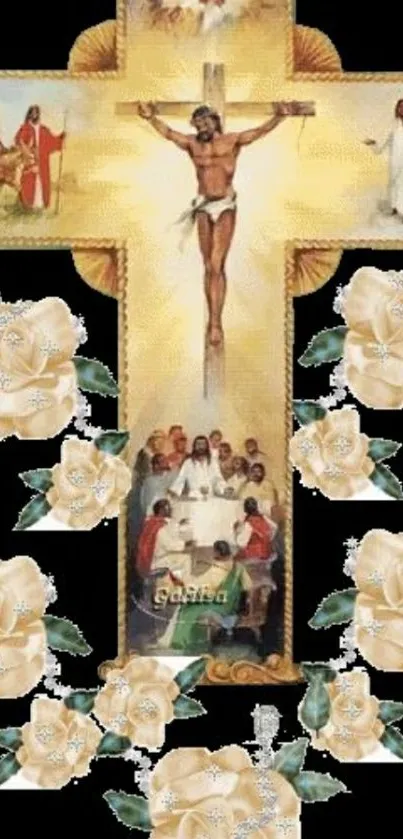 Religious cross and floral mobile wallpaper art.