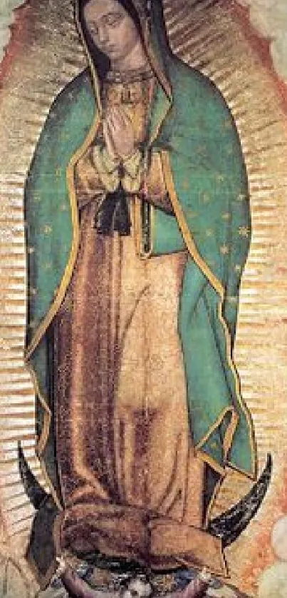 Religious icon wallpaper with green and gold colors, featuring a holy figure.