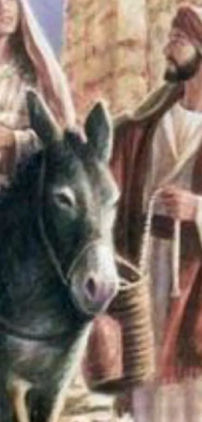 Religious journey art featuring biblical figures and a donkey.