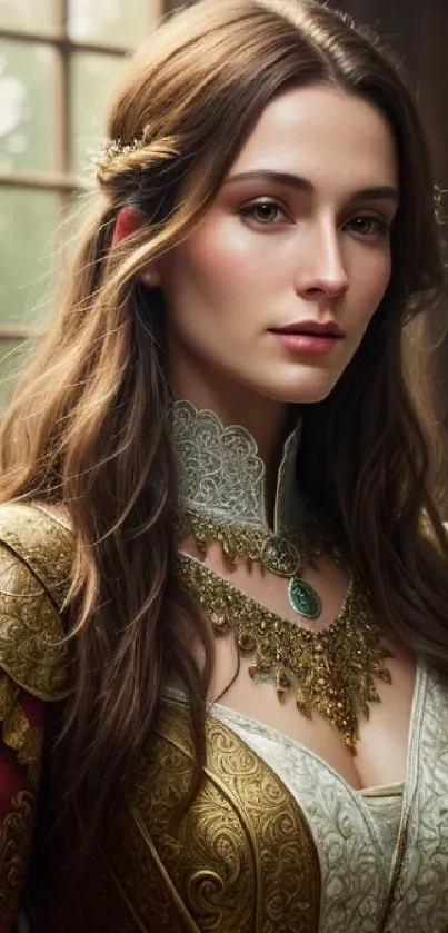 Renaissance-inspired portrait with golden embroidery and serene ambiance.