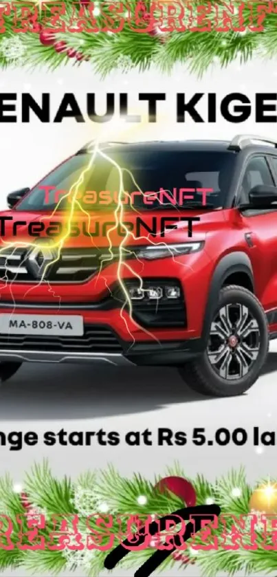 A red Renault Kiger amidst festive decorations with a holiday theme.