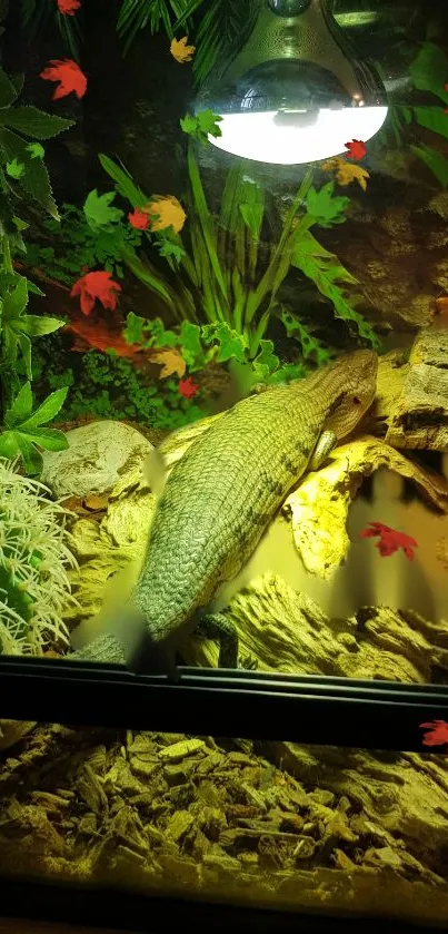 Reptile basking under light in green vibrant terrarium.