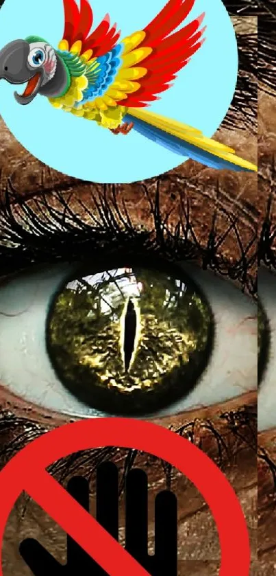 Reptilian eye with parrot and no-touch icon, detailed skin texture.