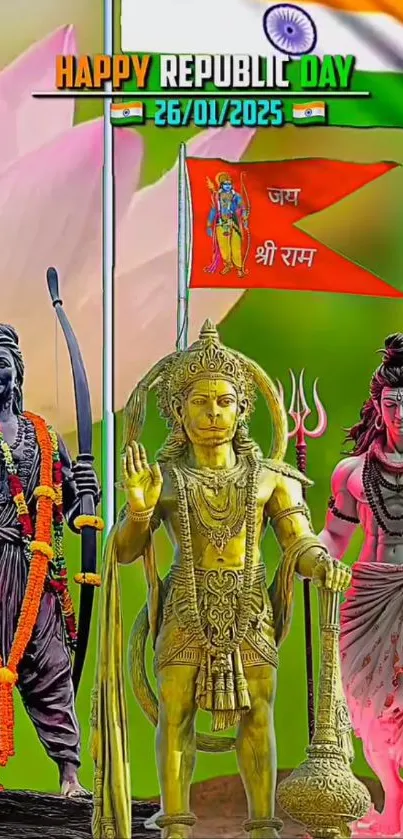 Indian Republic Day wallpaper with deities and national symbols in vibrant colors.