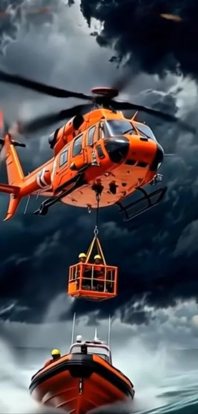 Helicopter and boat on stormy sea rescue mission