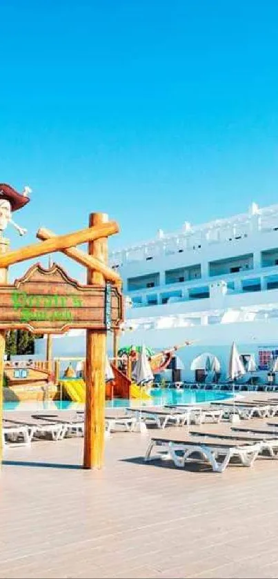 Sunny resort poolside with clear blue skies.