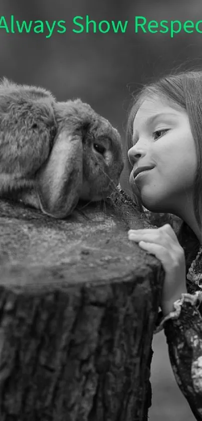 A girl tenderly interacting with a rabbit, with 'Always Show Respect' text.