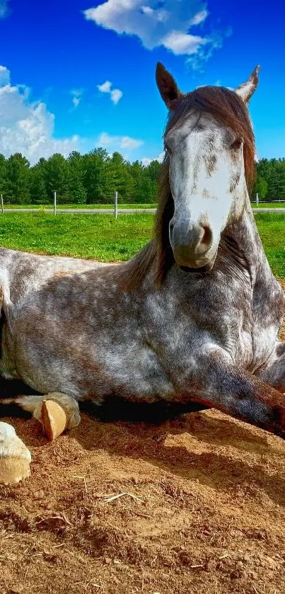 Resting horse in a lush green pasture with clear blue sky.