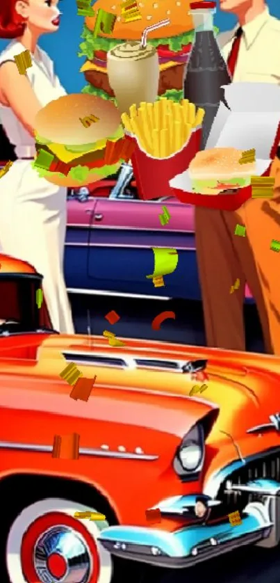 50s-inspired wallpaper with cars and diner scene, vibrant color.