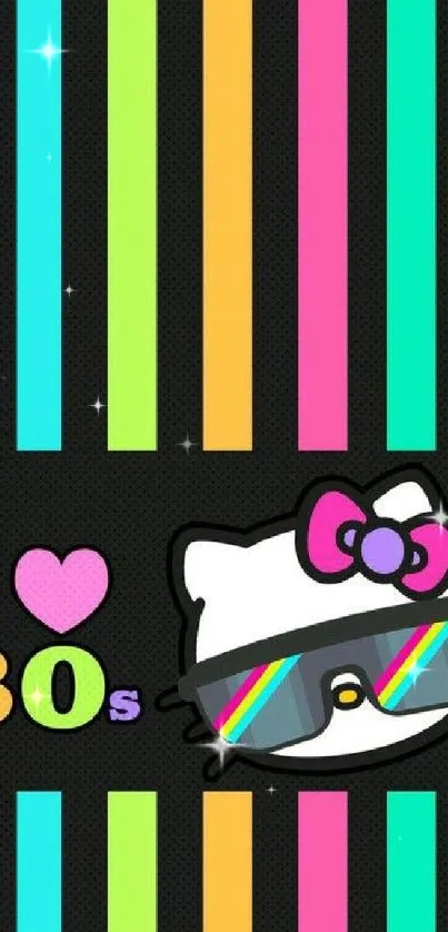 Colorful retro Hello Kitty 80s theme wallpaper with stripes.