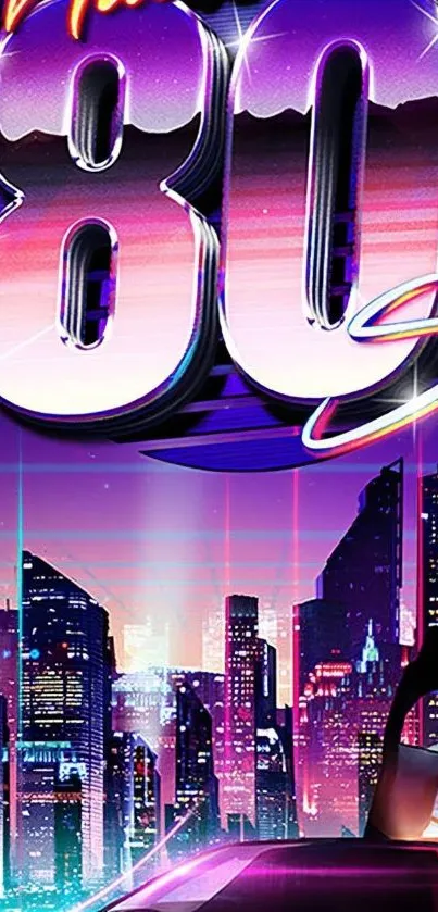 Vibrant 80s neon cityscape wallpaper with retro elements.