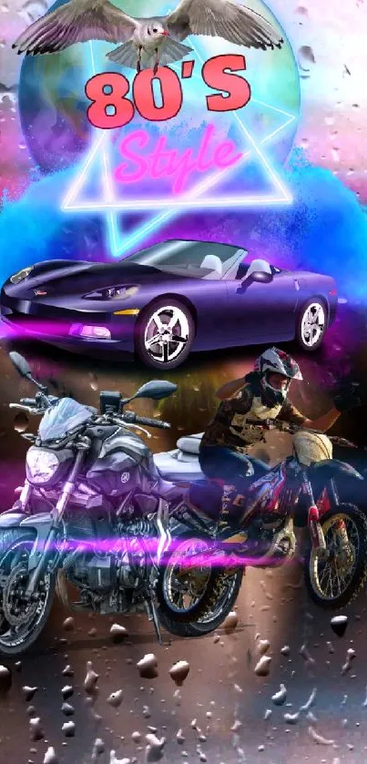 80s retro style wallpaper with car and motorcycles.