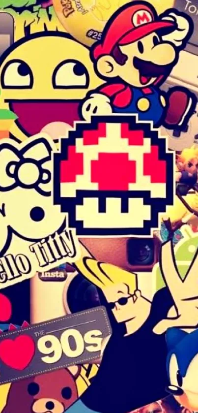Collage of retro cartoon characters and 90s nostalgia icons.