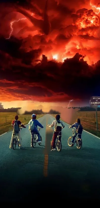 Four kids on bikes face a dramatic red sky.