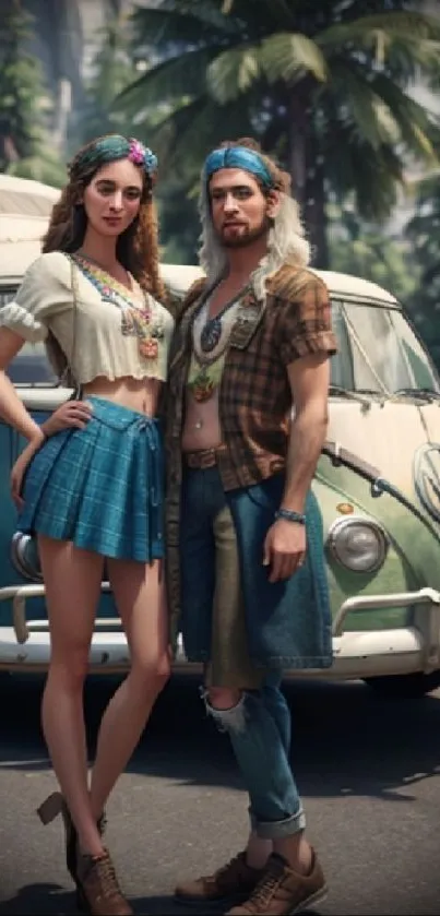 Couple in vintage attire by a retro van under palm trees.