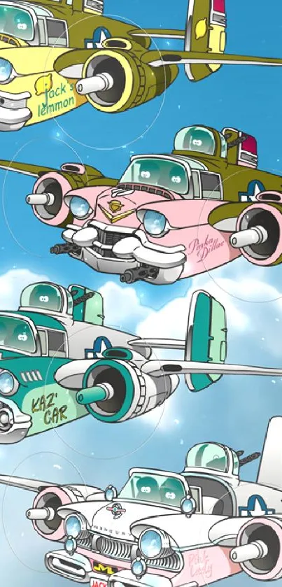 Retro cars transformed into airplanes flying in a blue sky wallpaper.