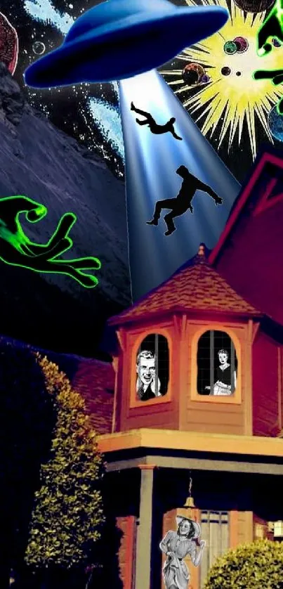 Retro alien abduction scene with vibrant colors and cosmic elements.