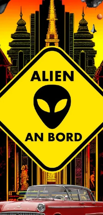 Yellow alien-themed retro sign with classic car.