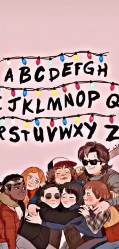 Stranger Things inspired artwork with alphabet and friends group.