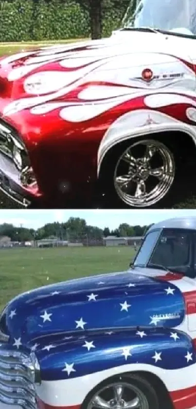 Vintage trucks with patriotic designs and vibrant colors on green grass.