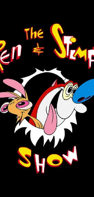 Ren & Stimpy Show cartoon wallpaper with colorful characters on black background.