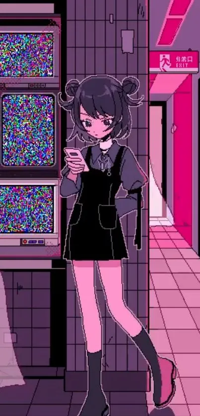 Anime girl with vintage TVs in pink retro aesthetic style.