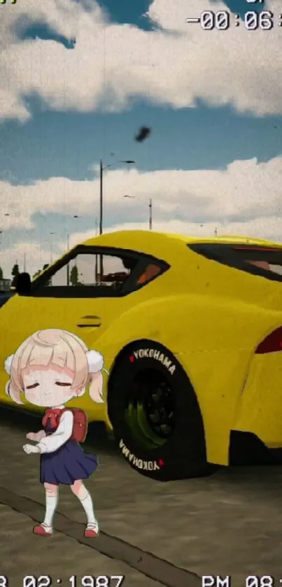 Retro anime character with yellow sports car under vintage sky.