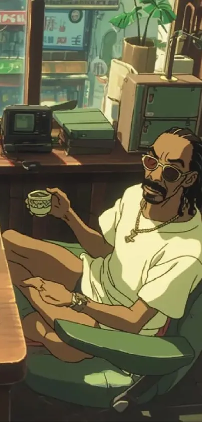 Anime character in retro office setting enjoying coffee.