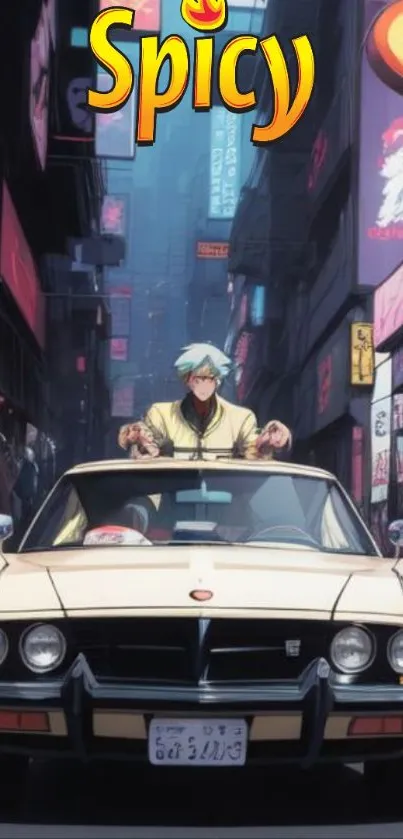 Anime character driving vintage car in neon-lit city.