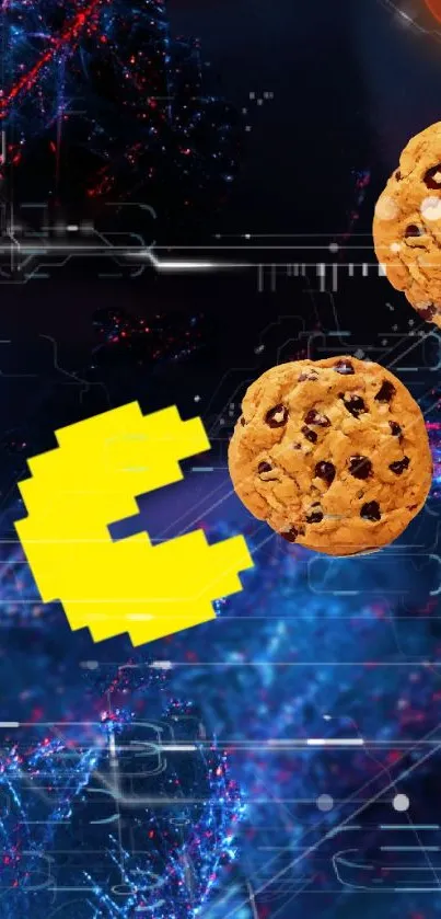 Retro arcade wallpaper with cookies and a yellow character.