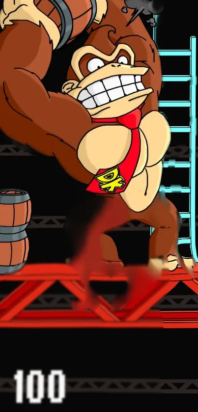 Retro game character on red structure with barrels.