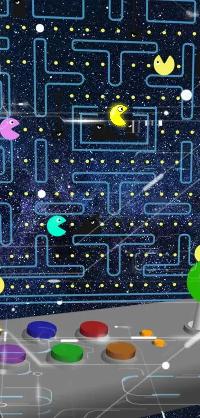 Retro arcade game wallpaper with colorful maze and characters.