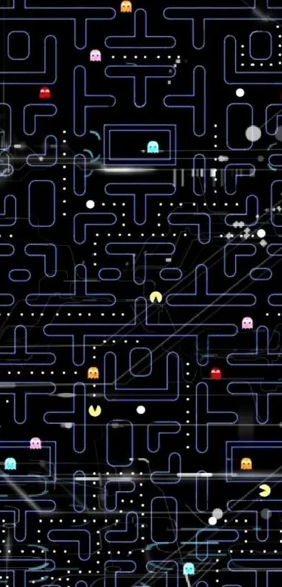 Retro arcade game wallpaper with 8-bit maze and colorful characters.