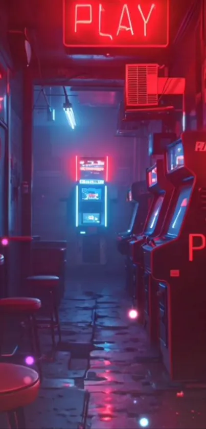 Neon-lit retro arcade with classic gaming machines and vibrant ambiance.