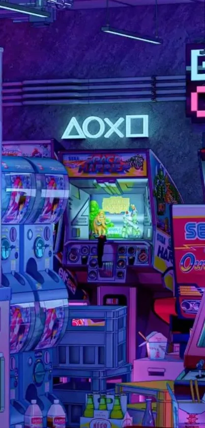 Retro neon arcade with gaming machines and vibrant colors.