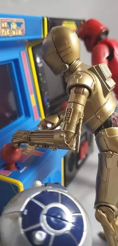 Gold robot playing a classic arcade game.