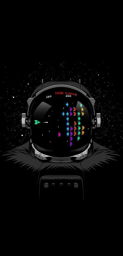 Retro arcade game displayed in an astronaut's helmet on a black background.