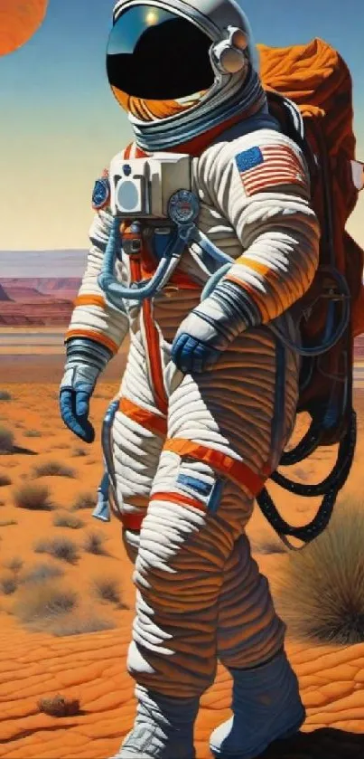 Astronaut in vibrant desert setting under red planet.